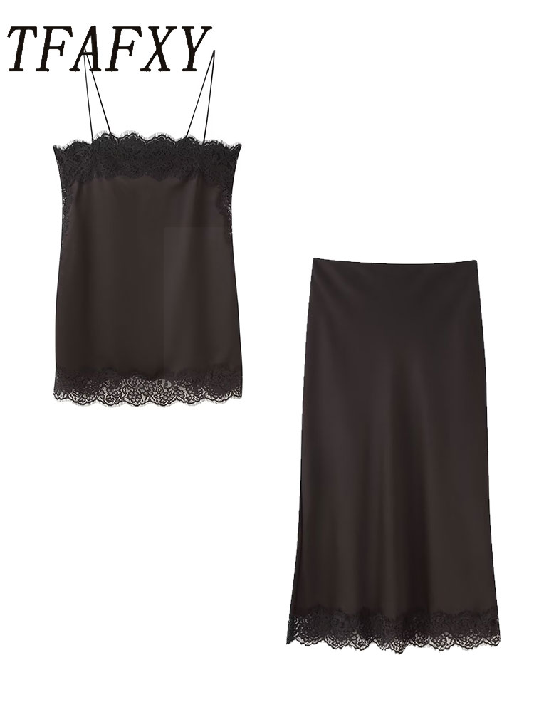 Cami Top Lace - TFAFXY Vintage Casual mujer marrón sólido