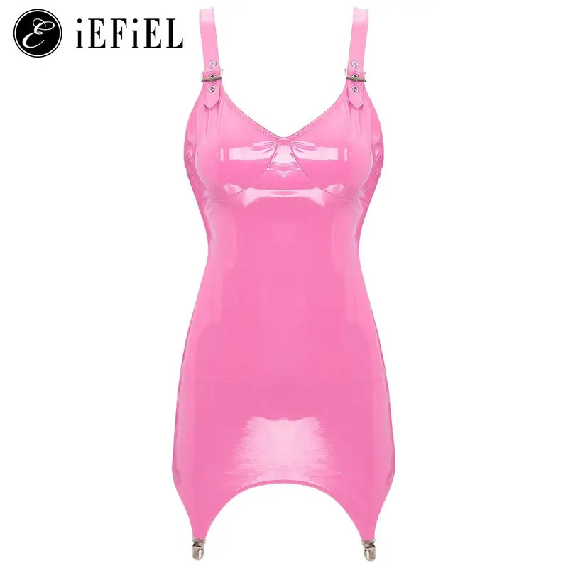 Babydoll Chemise Night - Minivestido metálico brillante de cuero de